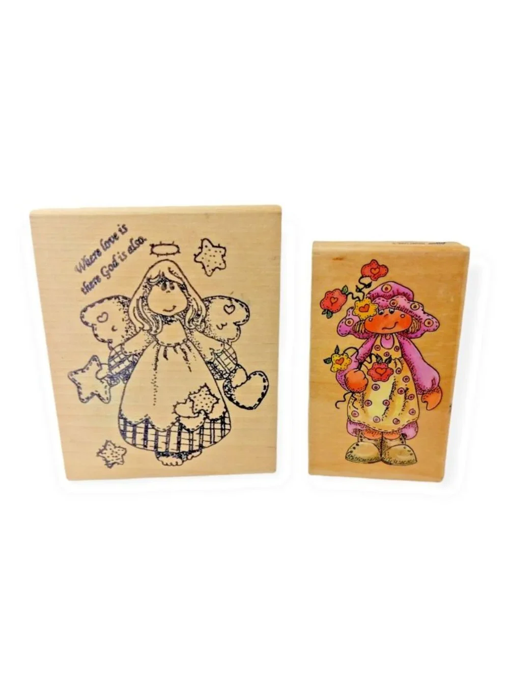 Vintage 2 Piece Patchwork Angel and Country Flowers Girl Rubber Stamp Bundle